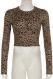 Brown Leopard Print Buckle Button Collar Long Sleeve Night Club Crop Tops