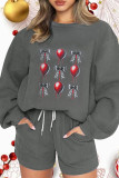 Dark Gray Casual Draw String Pocket Patchwork O Neck Long Sleeve Sweatshirt And Shorts Sportwwear Two Pieces Jogger Sets