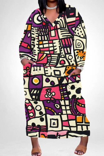 Purple Multicolor National Totem Print Long Sleeve Floor Length Loose Vacation Baggy Maxi Dress