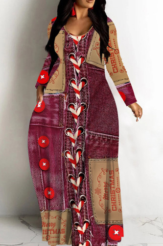 Burgundy Casual Faux Denim Print Straight Loose V Neck Long Sleeve Maxi Dresses