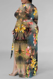 Beige Floral Print Strap Design V Neck Three Quarter Side Slit Long Plus Size Loose Vacation A Line Maxi Dress