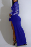 Red Hot Drill High Slit Zipper O Neck Long Sleeve Long Formal Evening Party Bodycon Maxi Dress