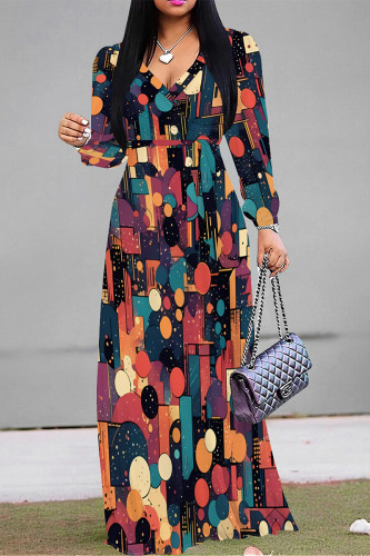 Multicolor Graphcis Print Strap Design V Neck Half Sleeve Cinch Waist Vacation Formal Party Evening Long A Line Maxi Dresses