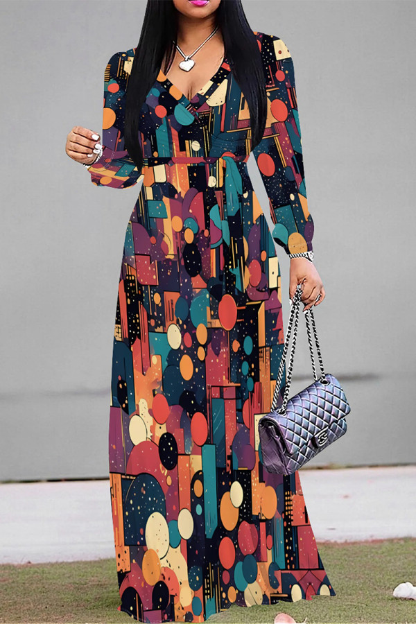 Multicolor Graphcis Print Strap Design V Neck Half Sleeve Cinch Waist Vacation Formal Party Evening Long A Line Maxi Dresses
