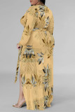 Beige Floral Print Strap Design V Neck Three Quarter Side Slit Long Plus Size Loose Vacation A Line Maxi Dress