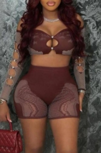 Coffee Hollow Out Off Shoulder Long Sleeve Crop Tops And Shorts Night Club Two Pieces Shorts Sets