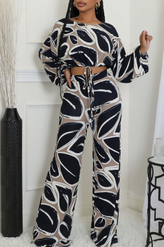 Multicolor Casual Graphics Print Draw String O Neck Long Sleeve Crop Tops And Wide Leg Pants Vacation Two Pieces Trouser Sets