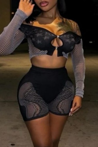 Black Hollow Out Off Shoulder Long Sleeve Crop Tops And Shorts Night Club Two Pieces Shorts Sets