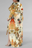 Beige Floral Print Strap Design V Neck Three Quarter Side Slit Long Plus Size Loose Vacation A Line Maxi Dress