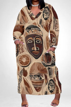 Light Brown Multicolor National Totem Print Long Sleeve Floor Length Loose Vacation Baggy Maxi Dress