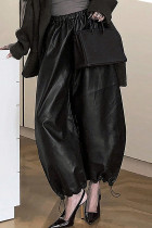 Black Casual Draw String Loose Mid Waist Leather Cargo Pants