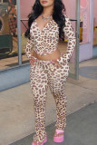 Leopard Print Casual Leopard Print Zipper Collar Long Sleeve Crop Jackets And Sweatpants Sportwear Two Pieces Jogger Sets