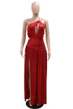 Red Sleeveless Hollow Out Oblique Collar Hight Slit Long Formal Evening Party Pleated Maxi Dress
