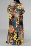 Beige Floral Print Strap Design V Neck Three Quarter Side Slit Long Plus Size Loose Vacation A Line Maxi Dress
