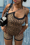 Brown Leopard Print Lace Backless Spaghetti Strap Skinny Rompers One Piece Bodysuit