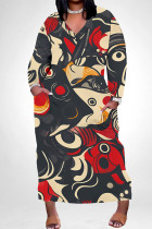 Black Red Multicolor National Totem Print Long Sleeve Floor Length Loose Vacation Baggy Maxi Dress