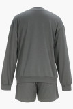 Dark Gray Casual Draw String Pocket Patchwork O Neck Long Sleeve Sweatshirt And Shorts Sportwwear Two Pieces Jogger Sets