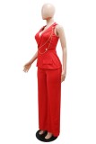 Apricot Casual Sleeveless Zipper Turndown Collar Formal Office Lady Blazer Jumpsuits