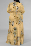Beige Floral Print Strap Design V Neck Three Quarter Side Slit Long Plus Size Loose Vacation A Line Maxi Dress