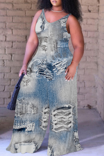 Baby Blue Casual Faux Denim Print Sleeveless Backless Spaghetti Strap Plus Size Cami Wide Leg Jumpsuits (With Headscarf)