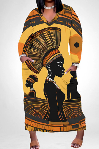 Yellow Multicolor National Totem Print Long Sleeve Floor Length Loose Vacation Baggy Maxi Dress