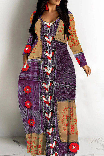 Purple Casual Faux Denim Print Straight Loose V Neck Long Sleeve Maxi Dresses