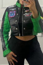 Green Street Letters Print Zipper Collar Long Sleeve Crop Varsity Jackets