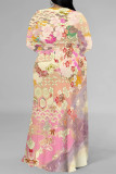 Beige Floral Print Strap Design V Neck Three Quarter Side Slit Long Plus Size Loose Vacation A Line Maxi Dress