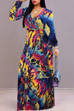 Multicolor Graphcis Print Strap Design V Neck Half Sleeve Cinch Waist Vacation Formal Party Evening Long A Line Maxi Dresses