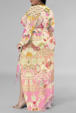Beige Floral Print Strap Design V Neck Three Quarter Side Slit Long Plus Size Loose Vacation A Line Maxi Dress