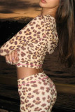 Leopard Print Casual Leopard Print Zipper Collar Long Sleeve Crop Jackets And Sweatpants Sportwear Two Pieces Jogger Sets