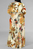 Beige Floral Print Strap Design V Neck Three Quarter Side Slit Long Plus Size Loose Vacation A Line Maxi Dress