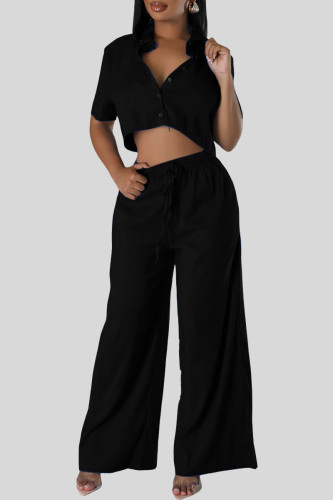 Black Causal Draw String Buckle Turndown Collar Short Sleeve Crop Tops And Wide Leg Pants Vacation Two Pieces Trouser Sets