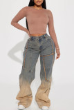 Blue Street Gradient Color Pocket Buttons Zipper Mid Waist Loose Distressed Denim Jeans