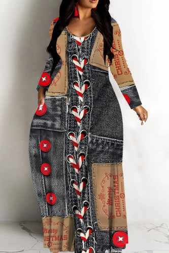 Black Casual Faux Denim Print Straight Loose V Neck Long Sleeve Maxi Dresses