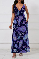 Black Purple Casual Boho Graphics Print V Neck Sleeveless Pocket Long Vacation Maxi Slip Dresses