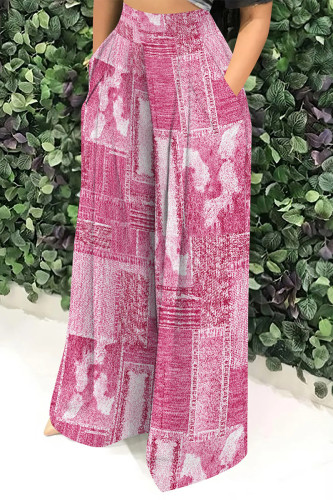 Pink Casual Faux Denim Print Pocket Loose High Waist Wide Leg Pants