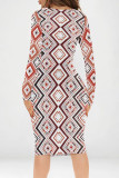 Purple Street Geometric Print V Neck Long Sleeve Bodycon Midi Dresses