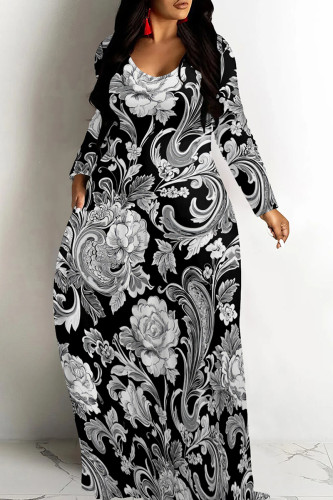 Black And White Casual Graphics Print V Neck Long Sleeve Long Pokcets Vacation Loose Maxi Dress