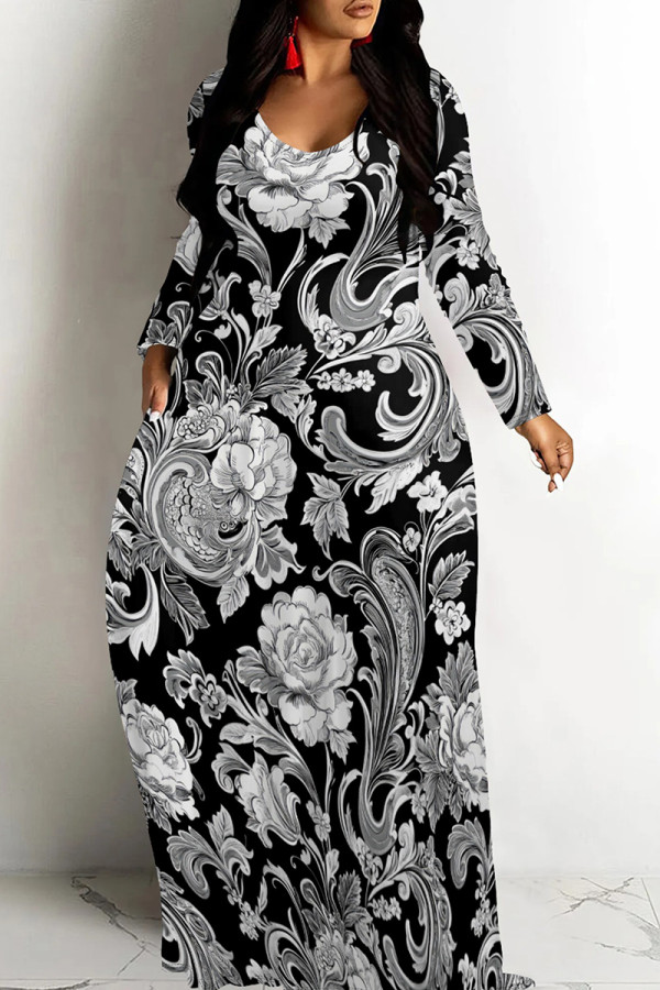 Black And White Casual Graphics Print V Neck Long Sleeve Long Pokcets Vacation Loose Maxi Dress