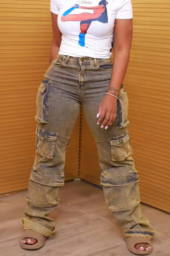 Brown Casual Pocket Buttons Zipper High Waist Loose Cargo Denim Jeans