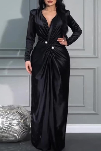 Black Long Sleeve V Neck Long Formal Evening Party Ruched Bodycon Maxi Dresses