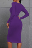 Brown Casual O Neck Long Sleeve Wrapped Skirt Bodycon Midi Dress