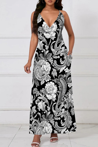 Black And White Casual Boho Graphics Print V Neck Sleeveless Pocket Long Vacation Maxi Slip Dresses