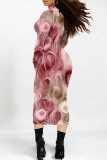 Multicolor Street Geometric Stripe Print Half A Turtleneck Long Sleeve Bodycon Maxi Dresses