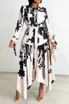 Black Elegant Print Patchwork With Belt Turndown Collar Irregular Dresses