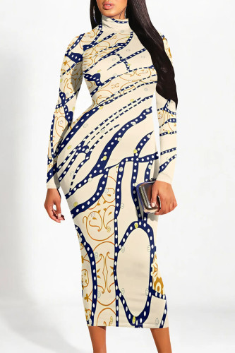 Beige Street Geometric Stripe Print Half A Turtleneck Long Sleeve Bodycon Maxi Dresses