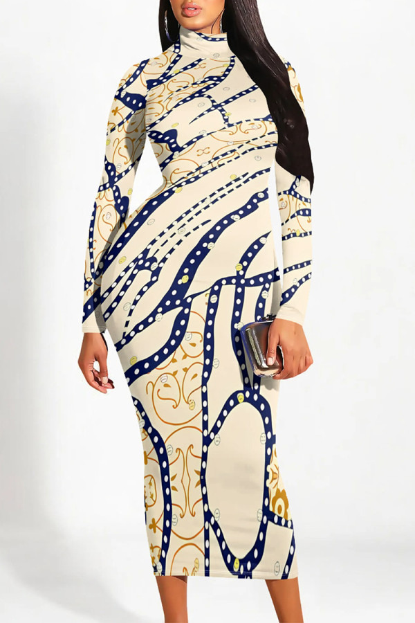Beige Street Geometric Stripe Print Half A Turtleneck Long Sleeve Bodycon Maxi Dresses