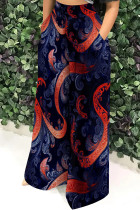 Fuchsia Casual Floral Print Pocket Loose Mid Waist Wide Leg Pants