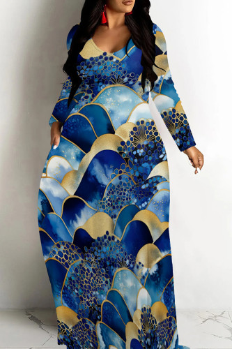 Golden Blue Casual Graphics Print V Neck Long Sleeve Long Pokcets Vacation Loose Maxi Dress